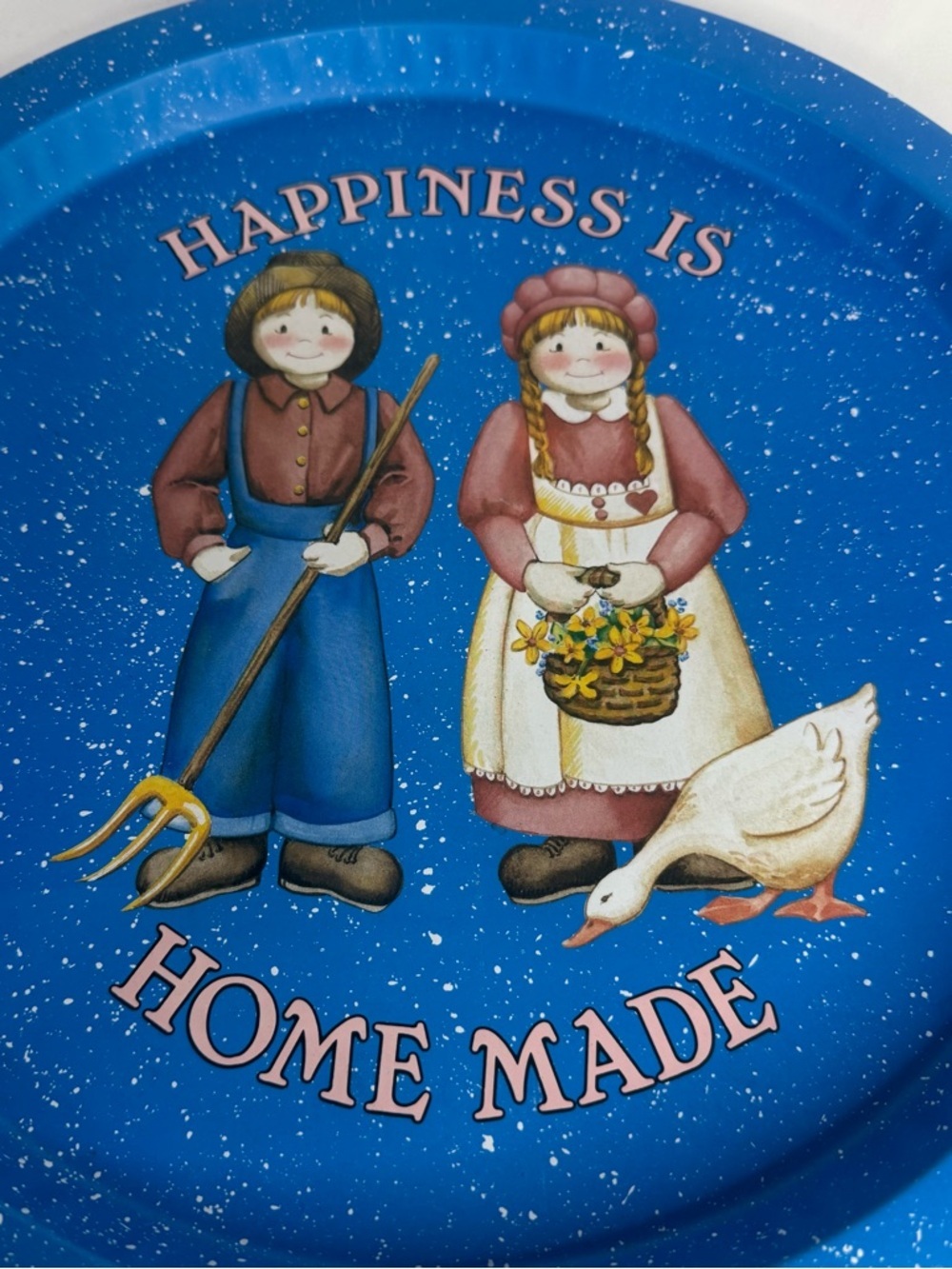 Vintage Blue Metal Tray “Happiness Is Homemade” Folk Art Farmhouse 13” - Picture 3 of 6